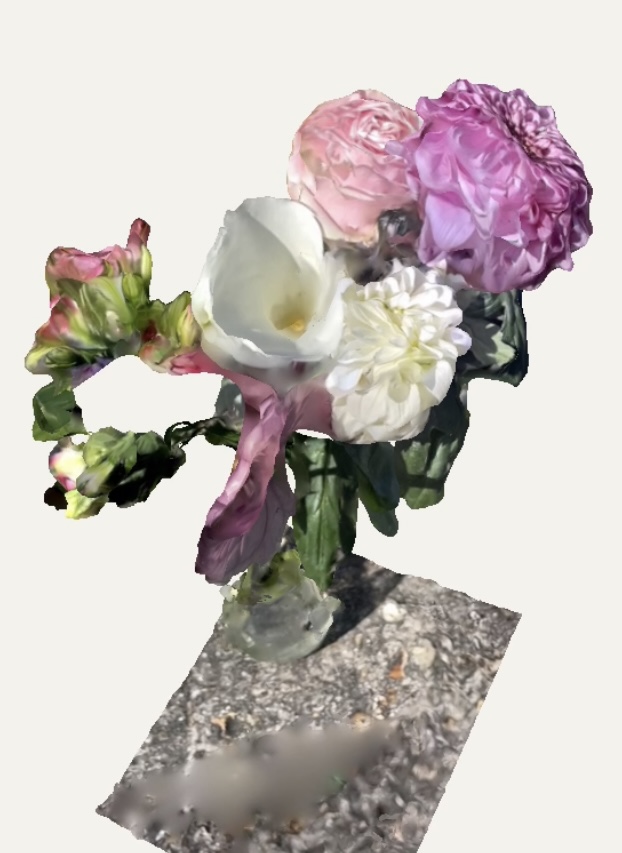 A photogrammetry 3D scan of a bouquet of pink, white and purple flowers